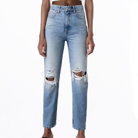 Zara Denim - Zara Distressed Medium Wash Denim Straight Leg Jeans